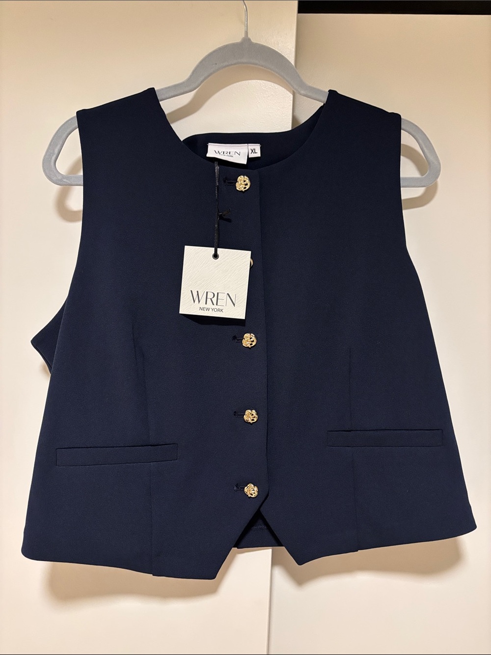 Wren Navy Sleeveless Vest with Gold-Tone Buttons